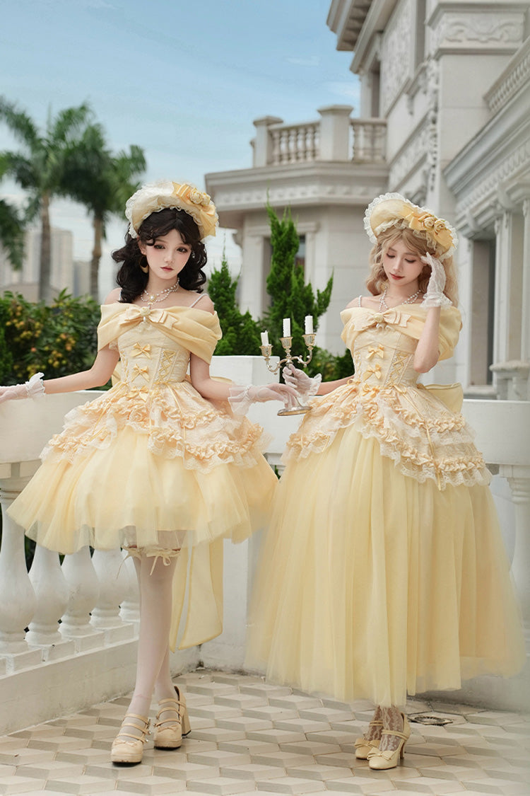 Yellow Off Shoulder Sweet Skirt with Lace and Bow - Sissi's Pilgrimage