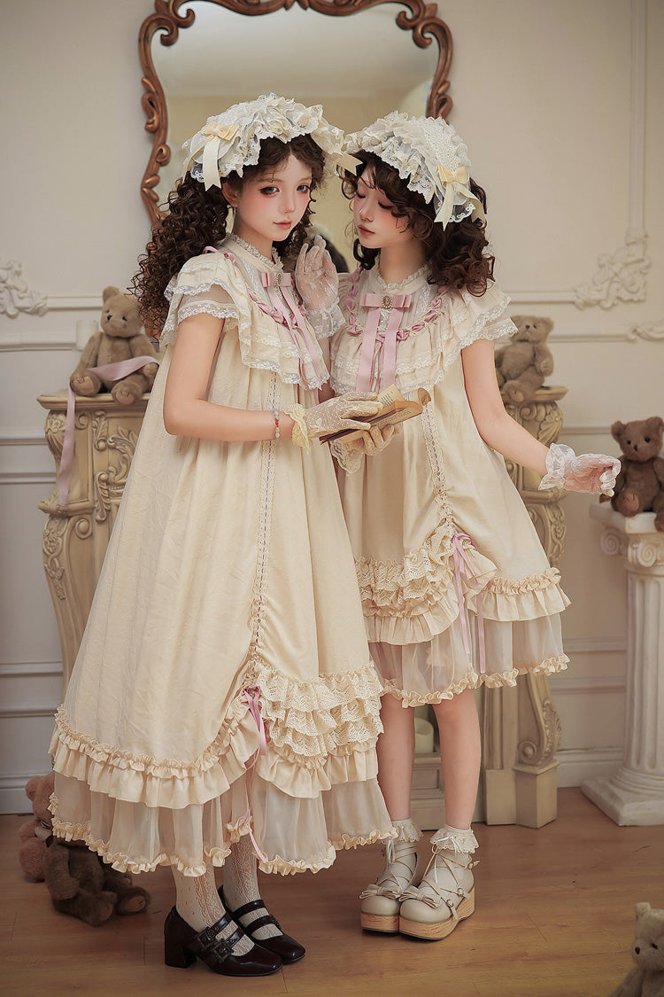 Apricot Sweet Lolita Dress with Stand Collar Short Sleeves Loose Doll-Like Ruffled Bow Lace
