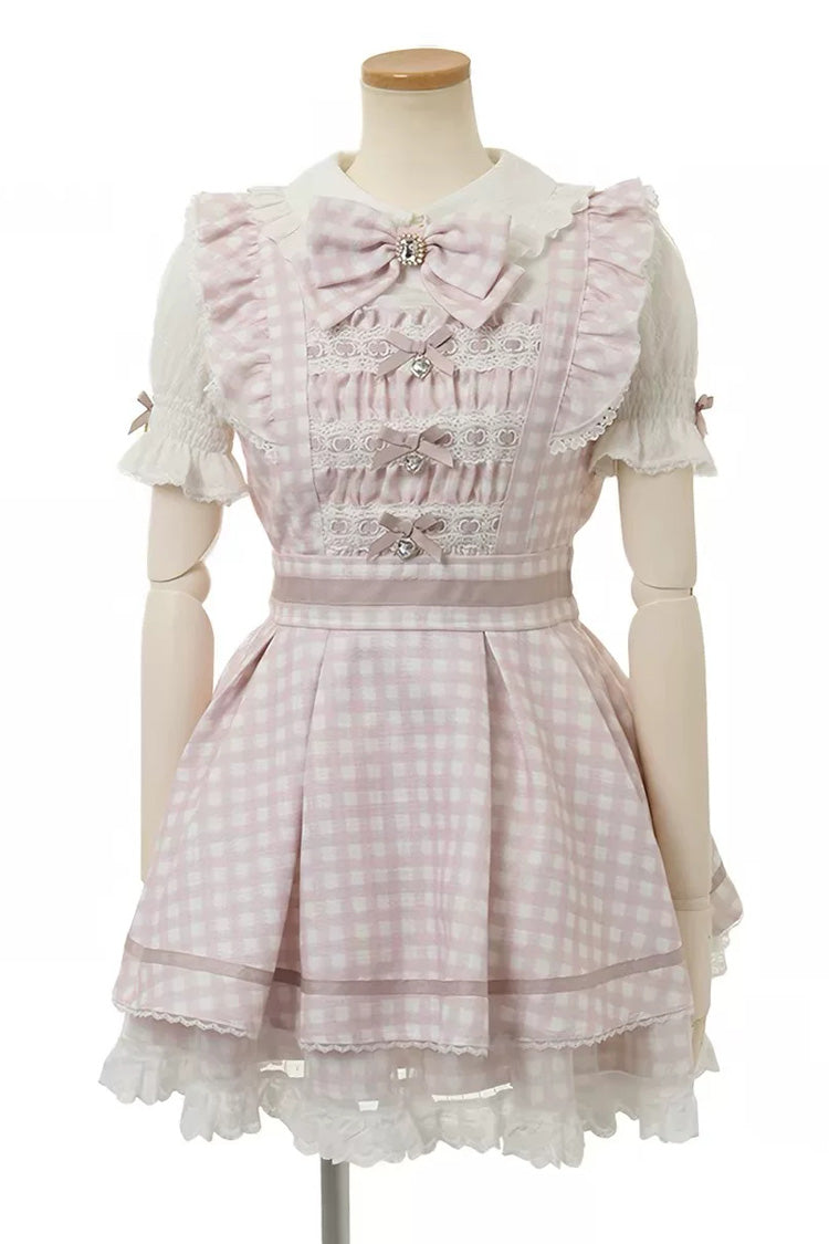 Lapel Collar Plaid Print Bow Plus Size Jirai Dress and Shorts Set in Three Colors
