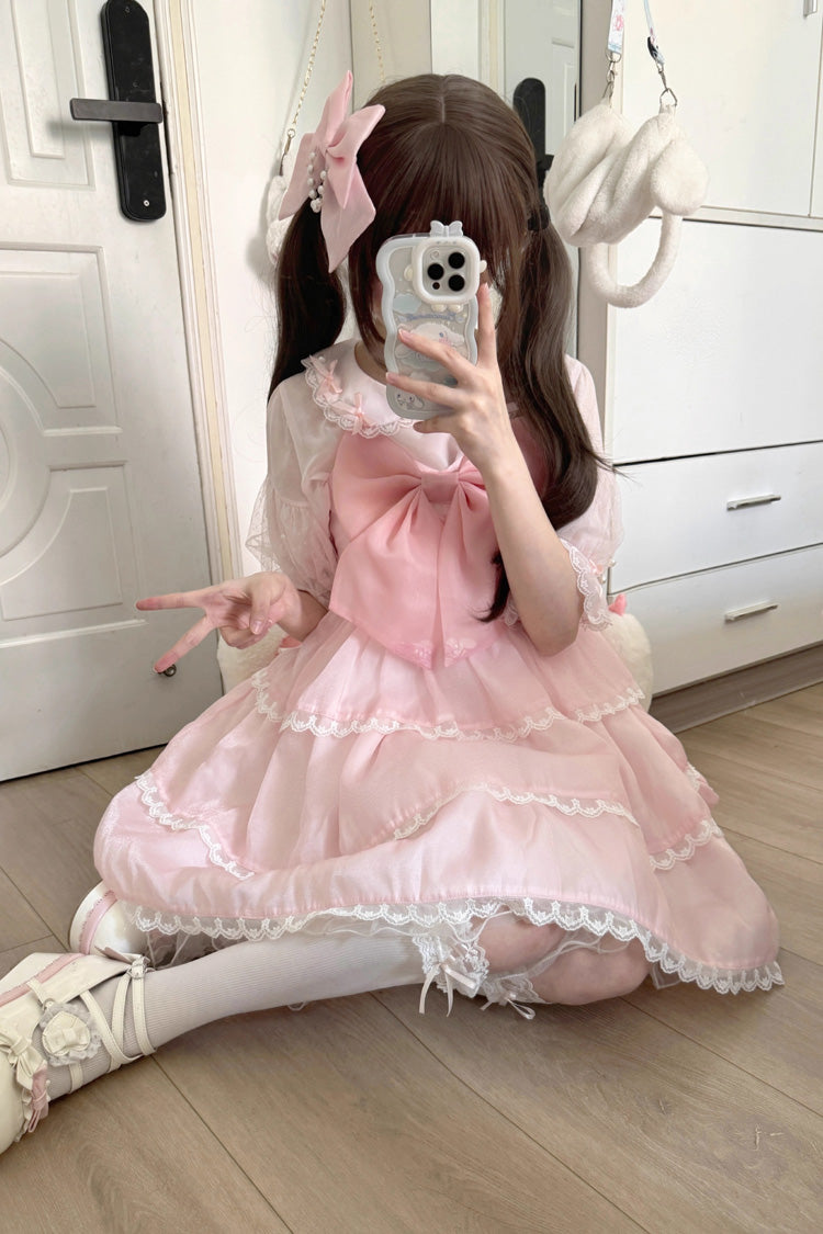 Pearl-Trimmed High-Waist Bow JSK Dress for Sweet Lolita - Multicolor