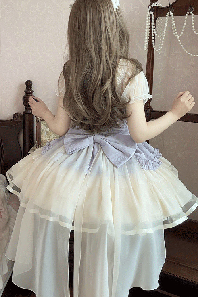 Triple-Layered Ballet Bow Lace-Up Sweet JSK Dress in Purple Ivory