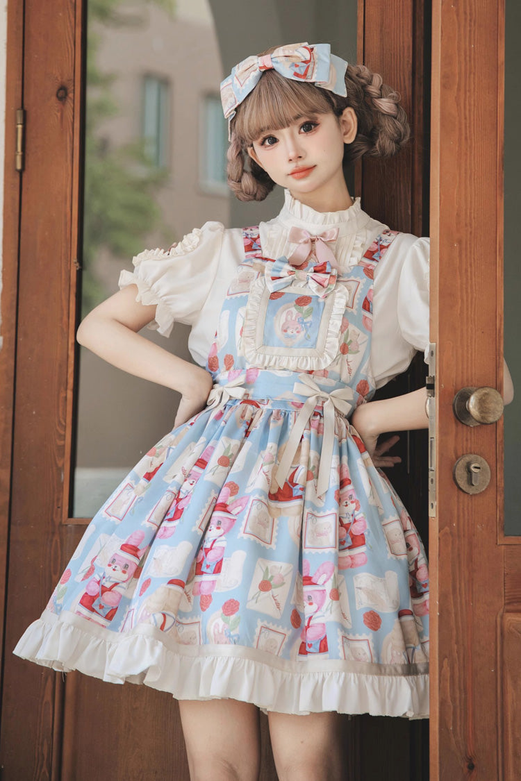 Light Blue Rabbit Letter Printed Ruffled Bow Sweet Princess Lolita Strap Dress