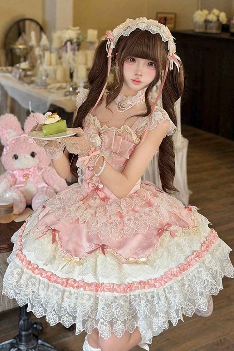 Pink Square Neck Ruffled Bow Lace Ballet Sweet JSK Dress - Rose Feather Romance