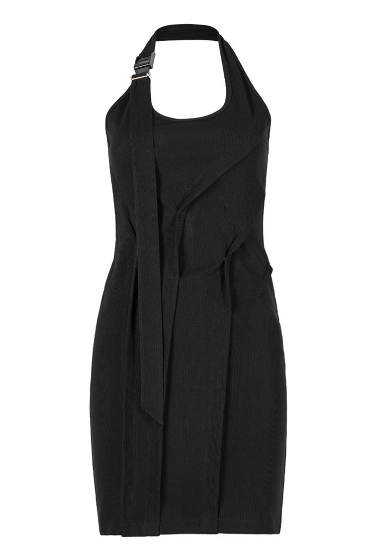 Adjustable Halter Sleeveless Three-Dimensional Pleated Stretch Gothic Dress