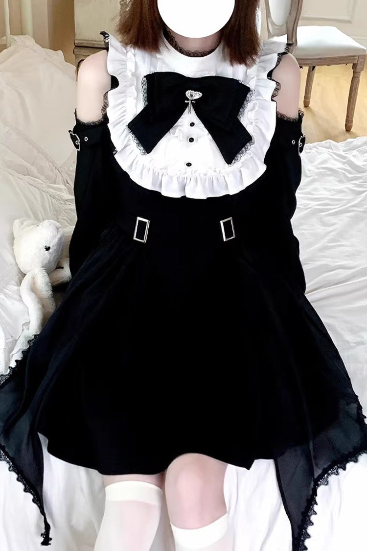 Monochrome Gothic Off-Shoulder Ruffle Bow Lace Jirai Kei Dress