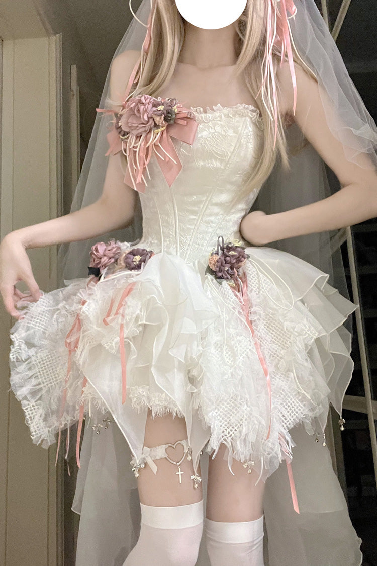 White Sleepless Poem Fishbone Asymmetric Sweet Lolita JSK Dress - Bowknot