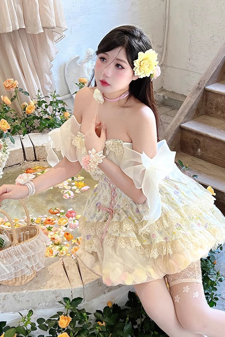 Cream Flower Story Tulip Print Bow Lace Sweet Lolita Skirt