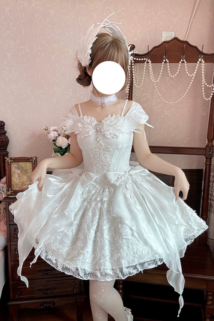 Ivory Square Collar Flutter Sleeve Embroidered Bow Lace JSK