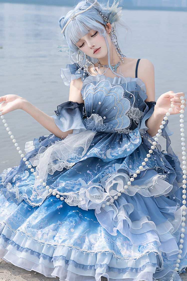 Blue Gradient Lace Embroidery Bowknot Asymmetric Elegant JSK Dress