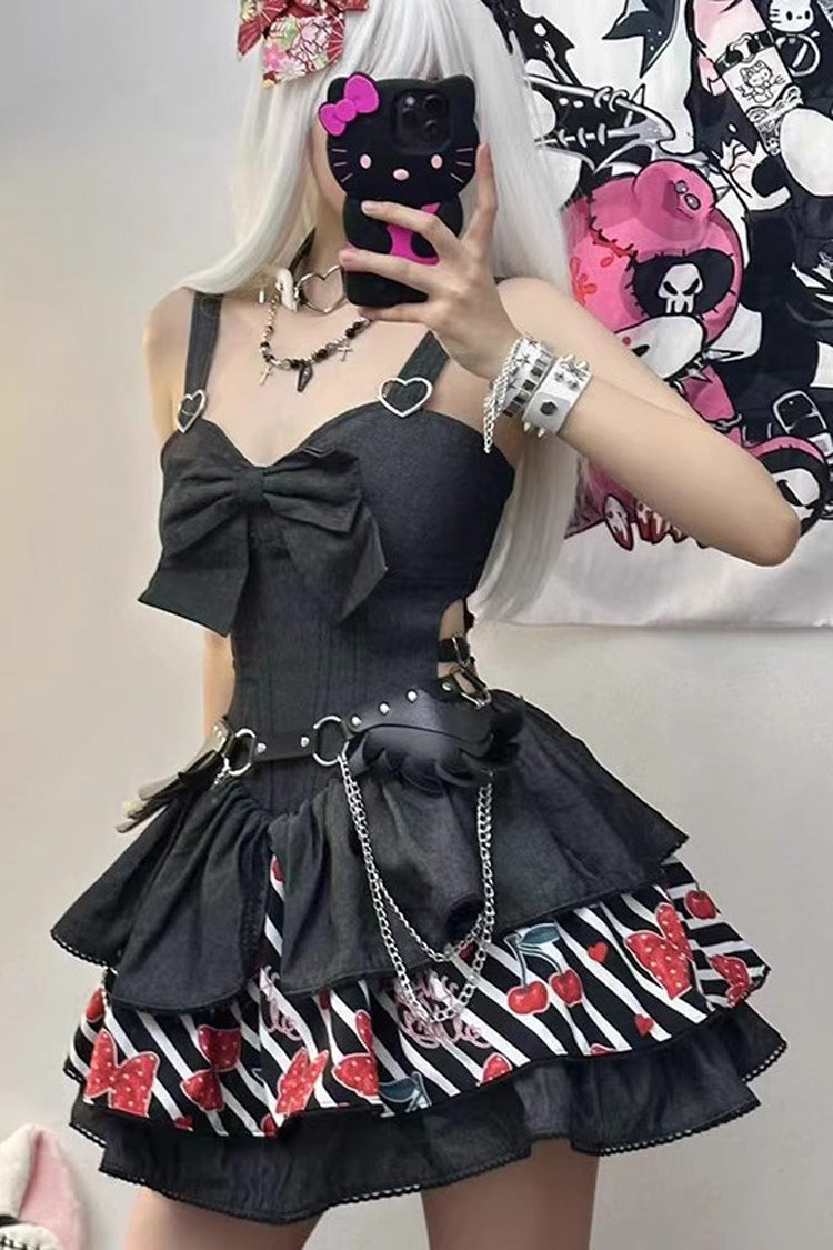 Triple-Layered Denim Print Ruffle JSK in Black