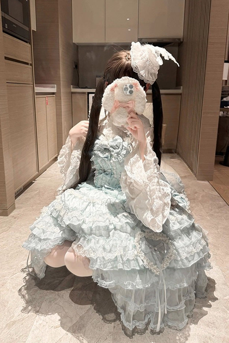 Blue Multi-Layered Ruffled Hanayome Embroidered Bow Lace Sweet JSK - Sweetheart Diary