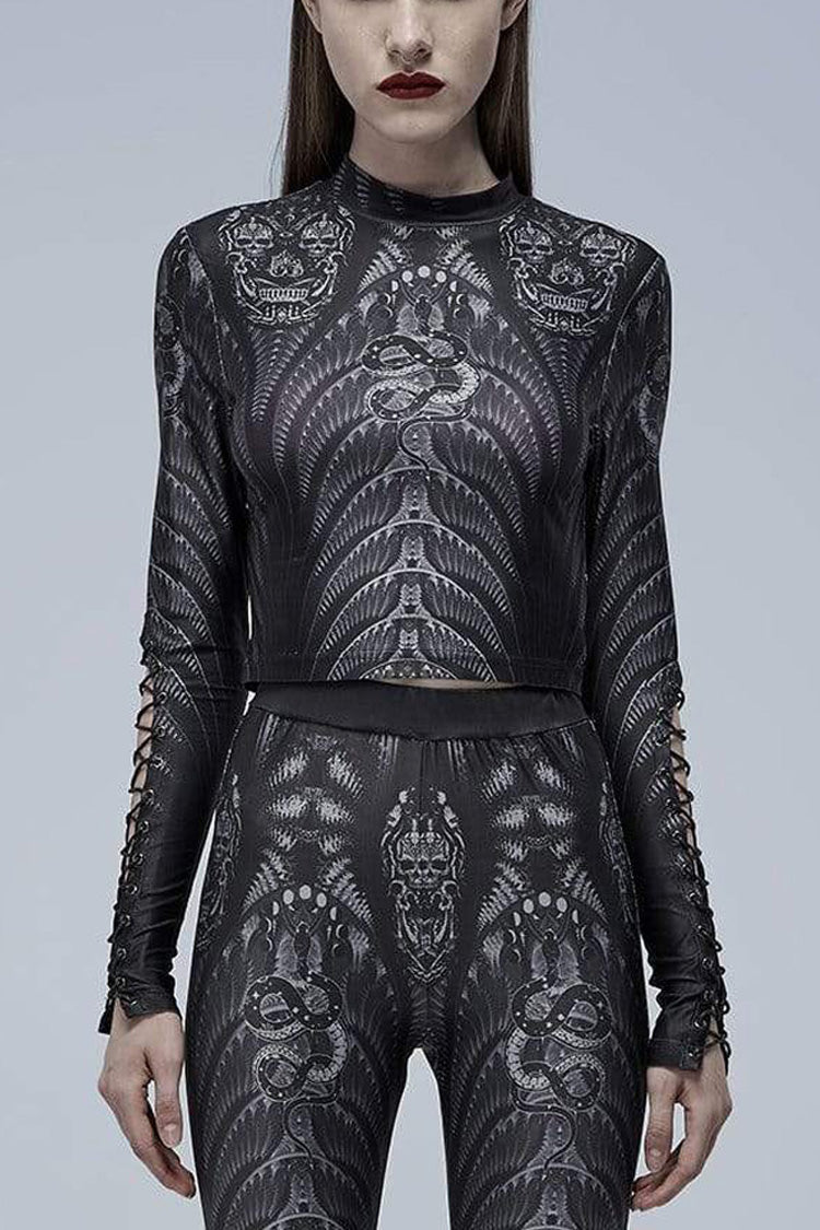 Skeleton Print Cross Tie Rope Mesh Tee - Gothic