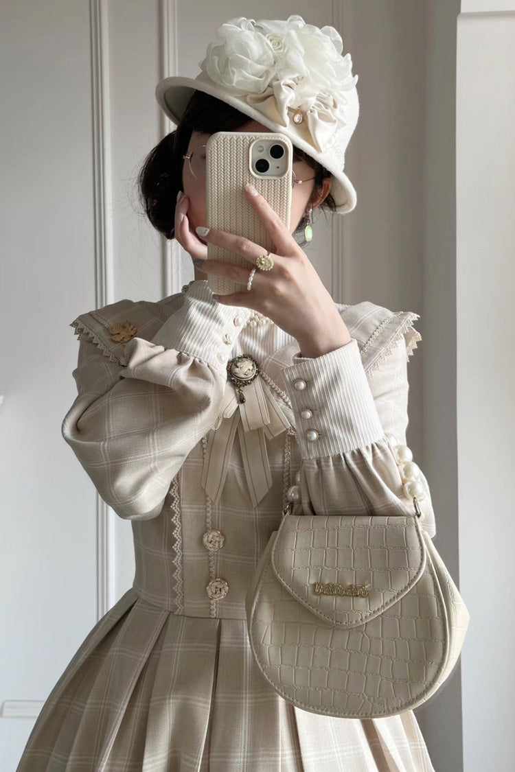 Apricot Elegant Sweet Lolita Dress with Long Sleeves Plaid Print and Bowknot Accents