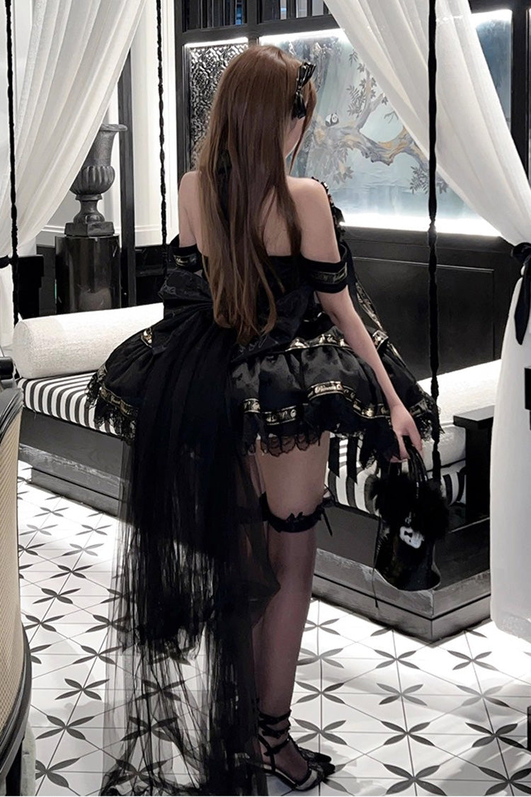 Black Halterneck Sleeveless Multi-Layered Ruffle Bow Elegant Gothic Dress