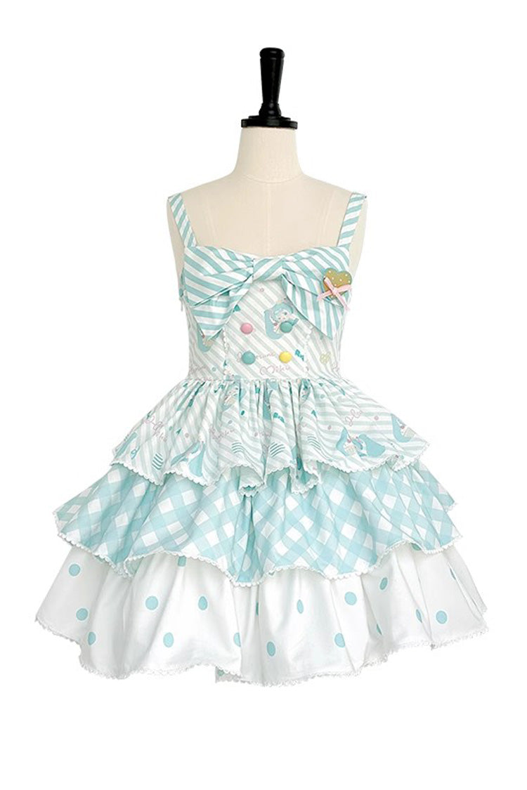 Sleeveless Triple-Layer Print Bow Sweet Lolita Jumper Dress - Blue