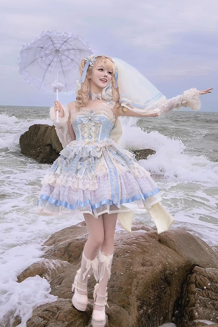 Moonstone Sleeveless Ruffle Embroidery Bow Lace Fishbone Princess Dress in Blue