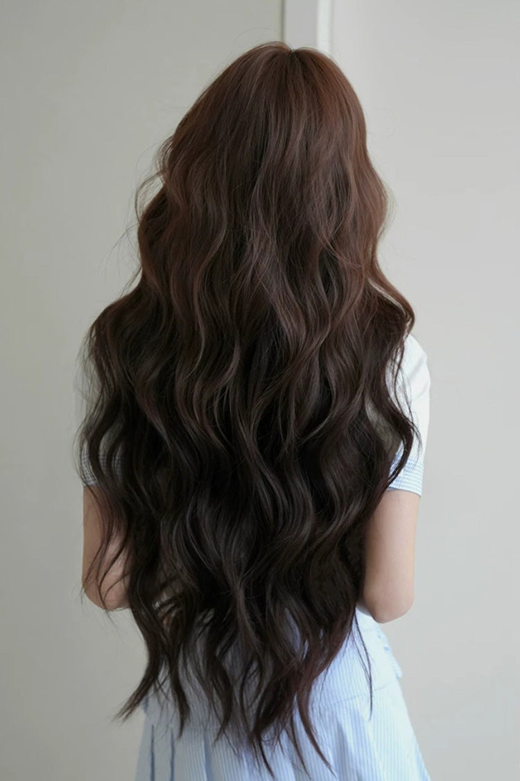 Chestnut Brown Ombre Long Wavy Wig with Air Bangs
