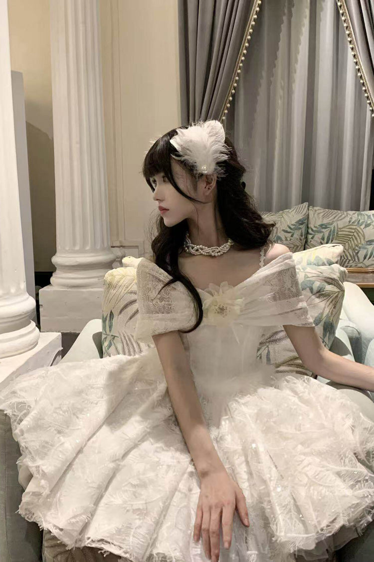 Ivory Moonlight Off-Shoulder Jacquard Embroidered Bow Gothic Mini JSK
