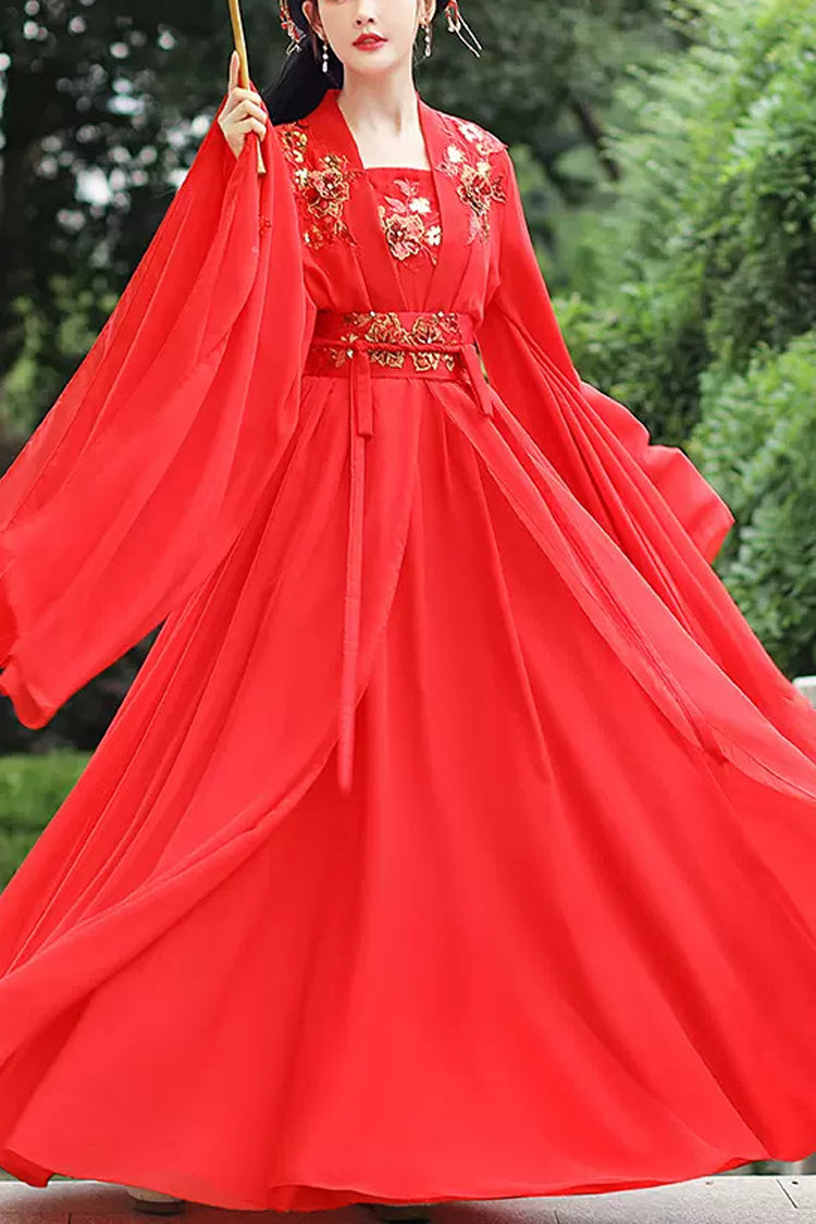 Crimson Chinese-Style Hanfu Dress with Hot Stamping Embroidery