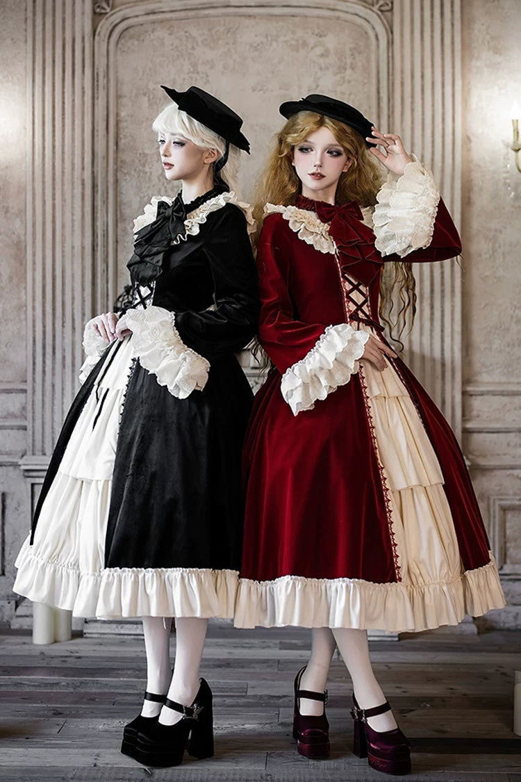 Gothic Lolita Dress with Ruffled Open-Front Bow and Lace-Up - Black