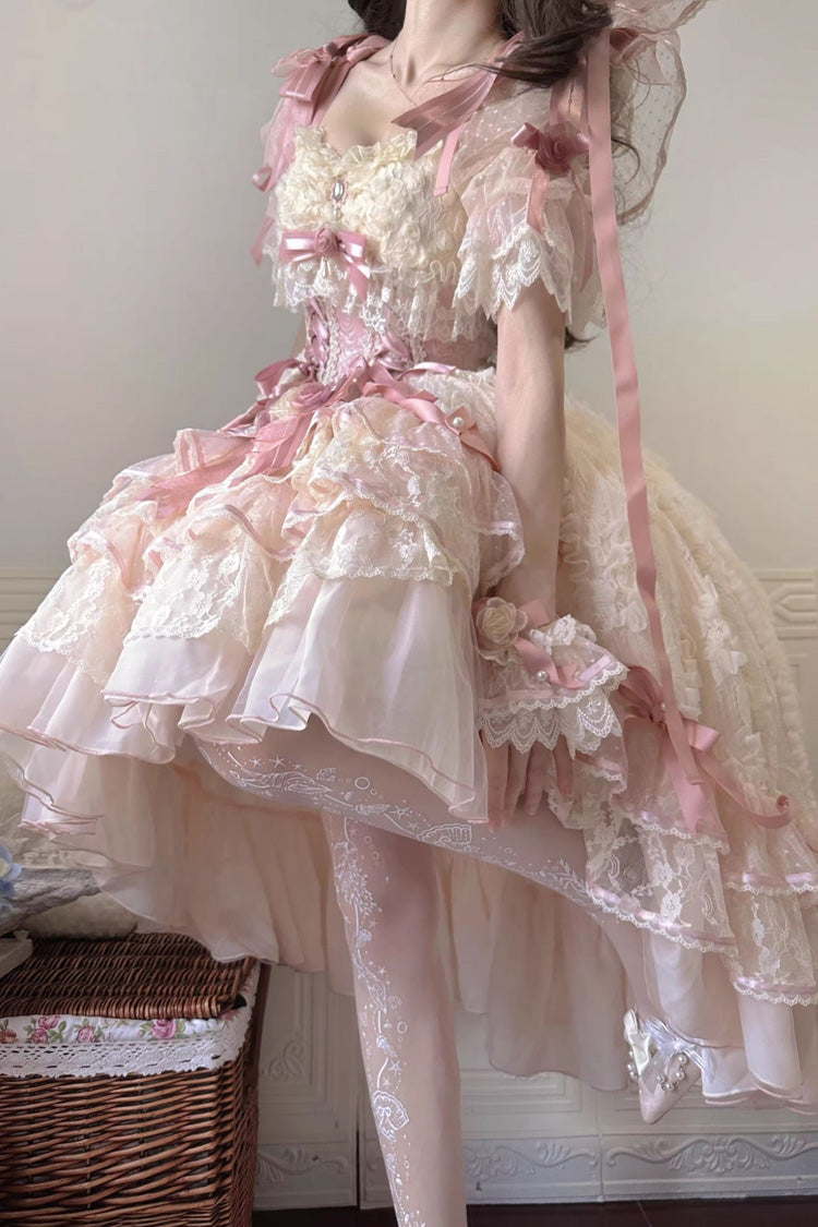 Diane Rose Pink Short Sleeves Multi-Layered Jacquard Ruffle Hanayome Cardigan Bowknot Lace Sweet Dress