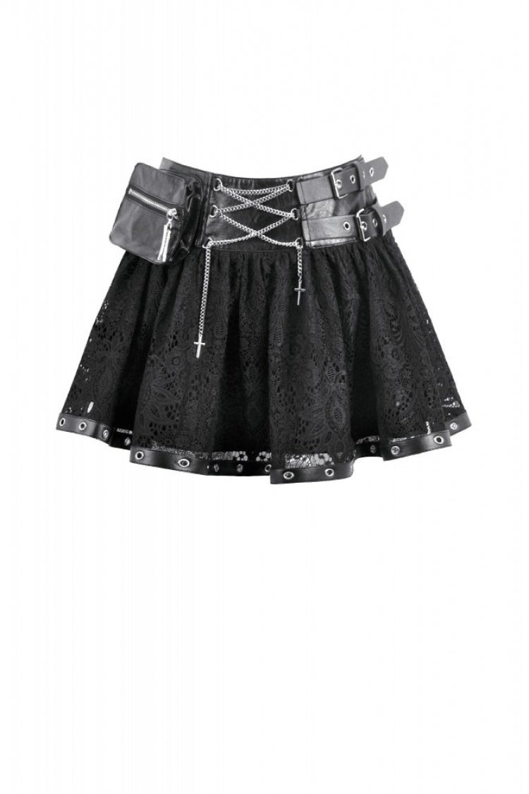 Gothic Mini Skirt with Chain Eyelet Buckled Straps Lace