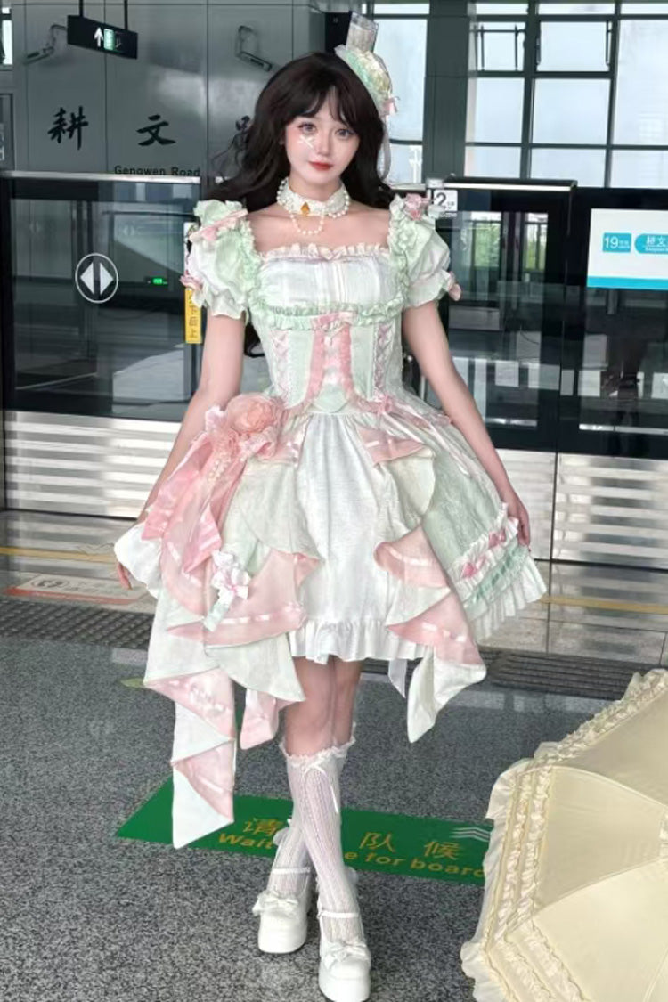 Square Collar Ruffle Cardigan Bowknot Lace Elegant Skirt Set - Spring Overture