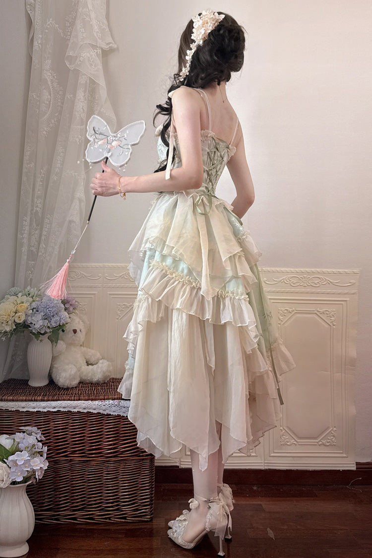 Green Tea Bamboo Song Sleeveless Jacquard Ruffle Bow Lace Chinese Ballet Jsk Dress