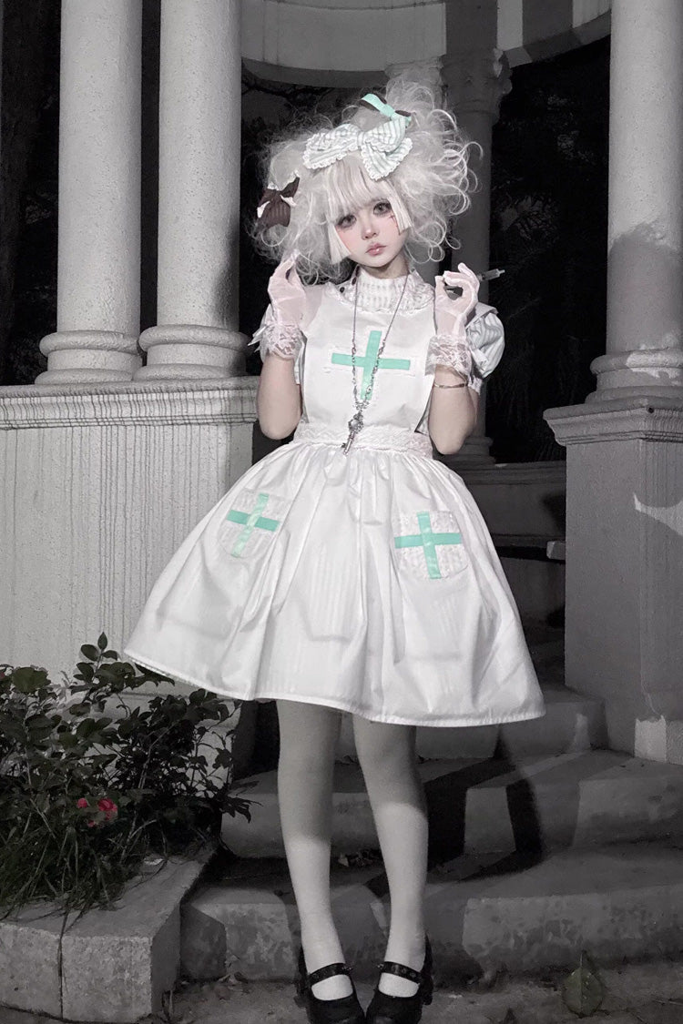 Green Striped Bow Nurse Lolita Stand-Collar