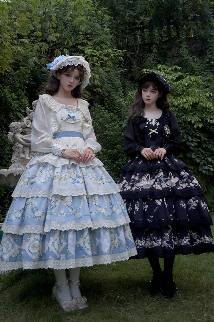 Pastoral Multi-Layered Printed JSK Dress with Embroidery