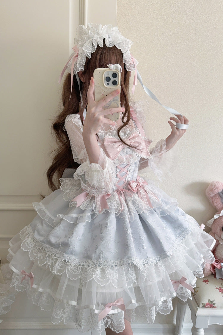 Blue Ballet Lace Ruffle Sleeveless Bowknot Sweet Jsk Dress - Fleishi Island