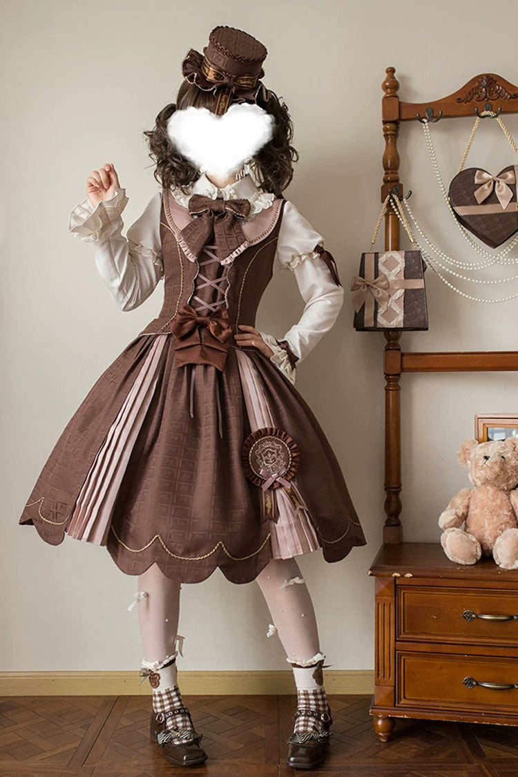 Brown Printed Embroidered Bow Lace-Up Classic JSK Dress & Skirt - Teddy Chocolate Bar