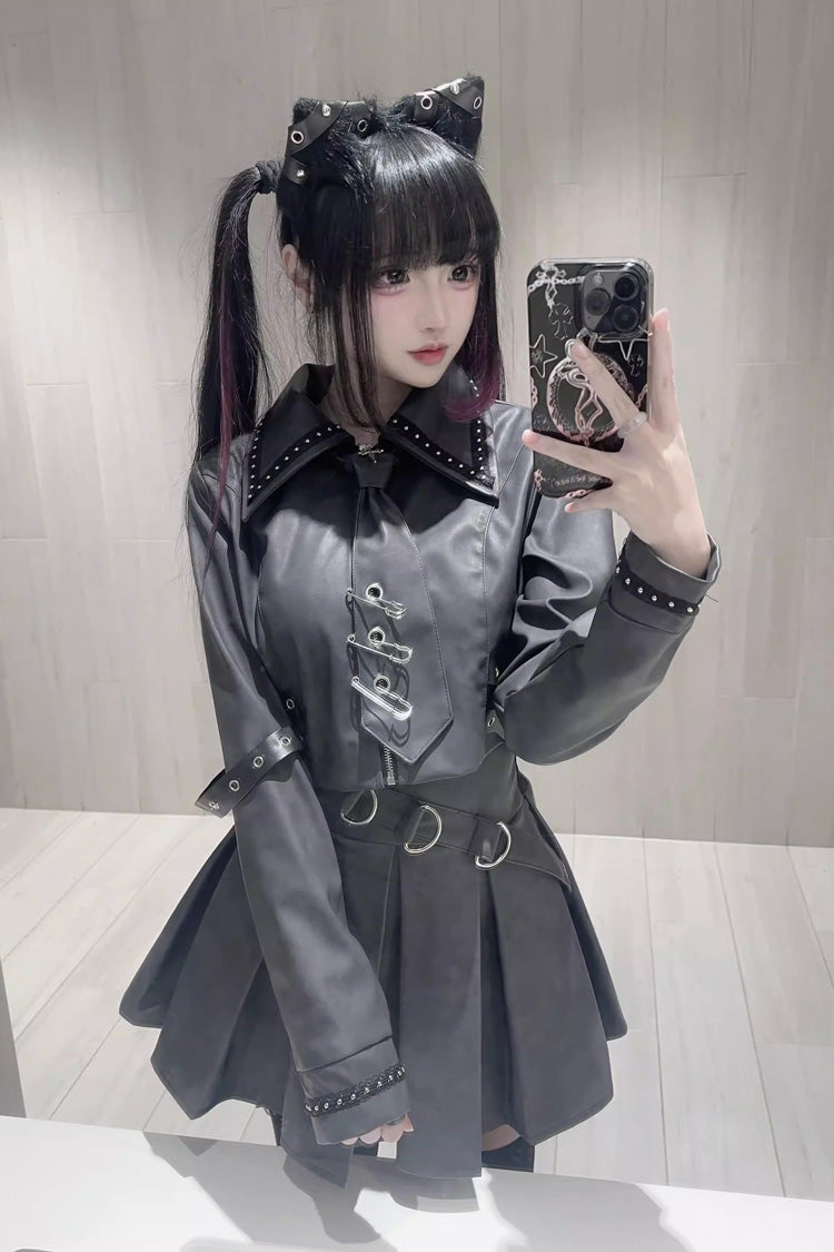 Eternal Night Lapel Collar Studded Eyelet Gothic Handsome Top Skirt Set
