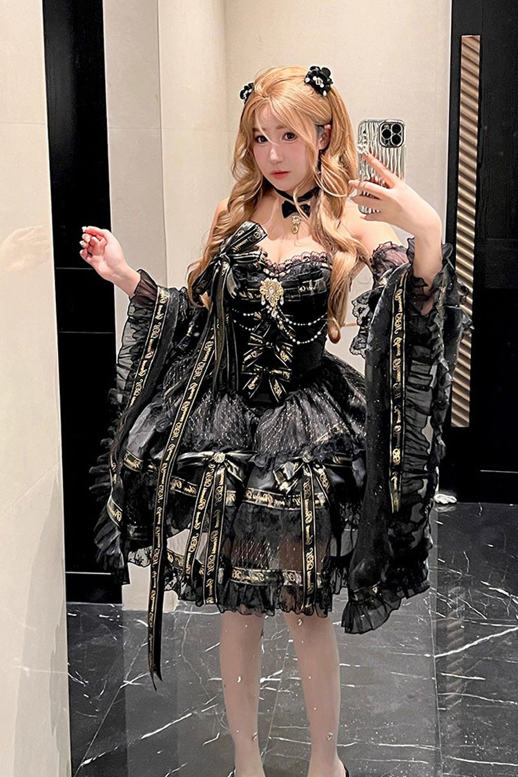 Black Sleeveless Double-Layered Ruffle Bow Pearl Gothic Dress