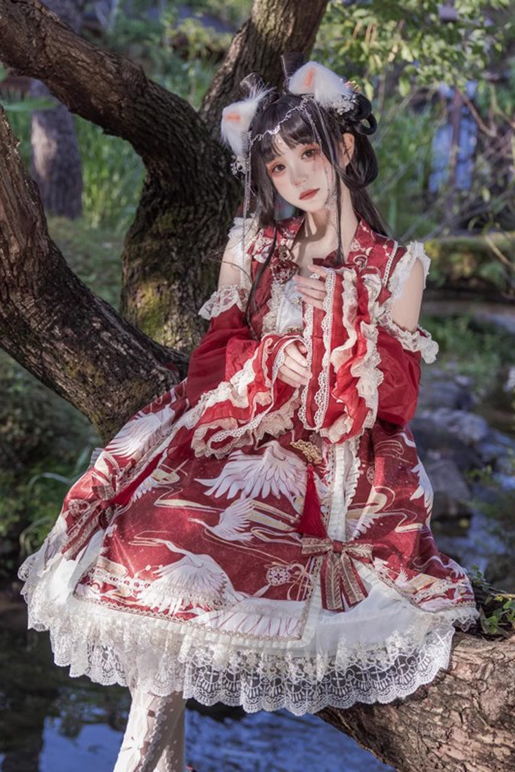 Chinese Style Long Sleeve Print Ruffle Lace Sweet Lolita Dress