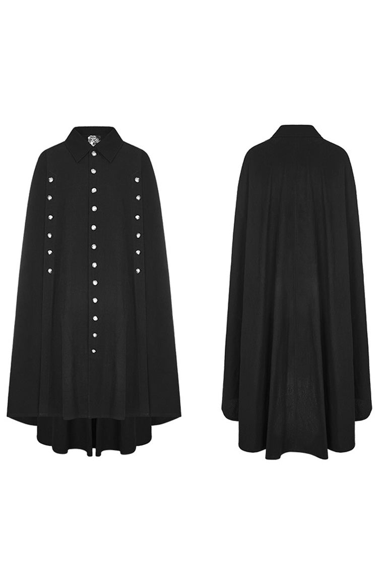 Jet-Black Woven Cloak with Metal Buttons and Asymmetric Hem for Men