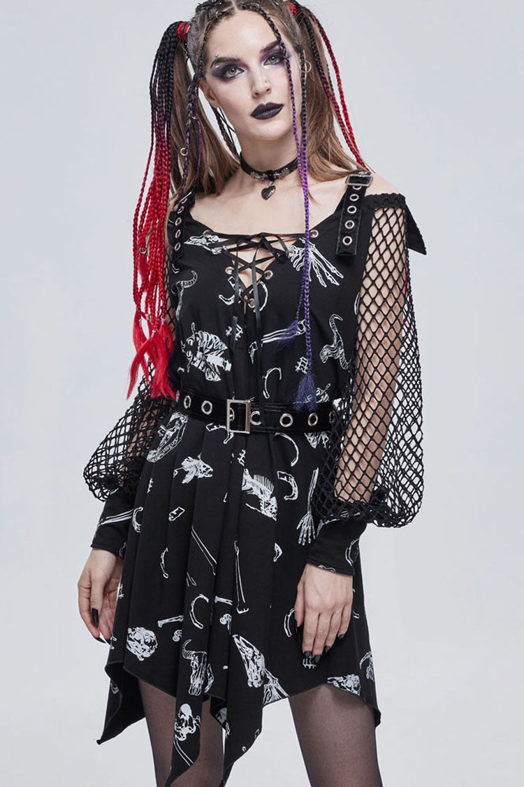 Knit Bone Print Sling Grommet Strap Long Sleeve Gothic Dress