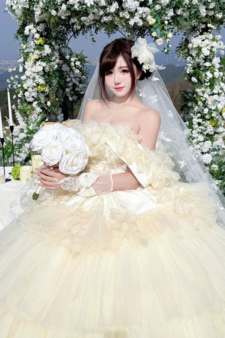 Apricot Sweet Lolita JSK Long Dress with Triple-Layer Ruffled Hanayome Bow Lace-Up and Sleeveless Design