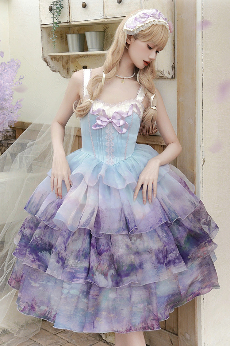 Multi-Color Swan Lake Printed Oil Painting Sweet Lolita JSK Dress - Three-Layer
