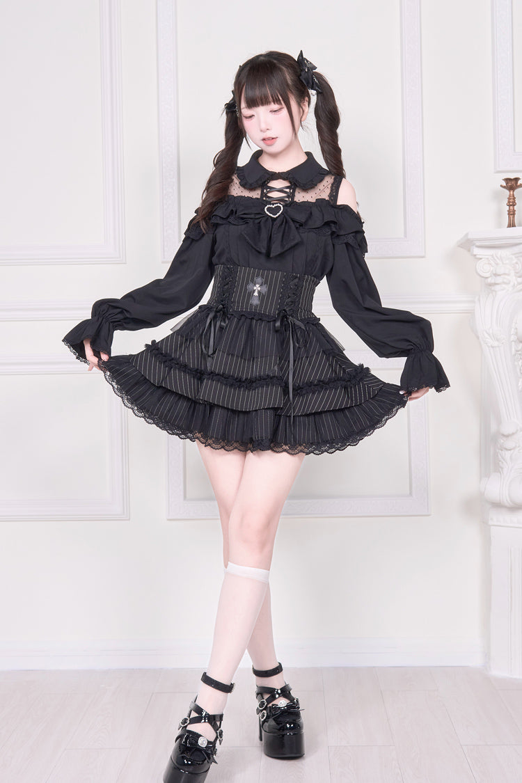 Off Shoulder Bowknot Lace-Up Print Long Sleeve Jirai Blouse in Three Colors