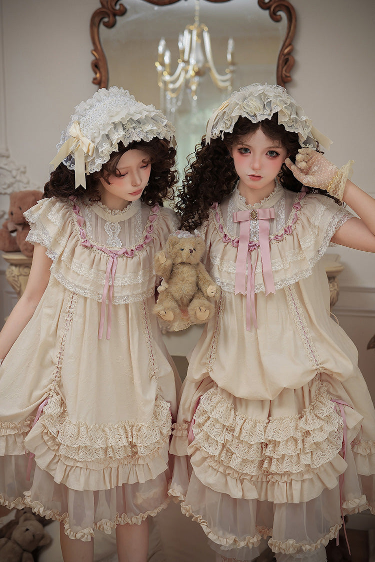 Apricot Sweet Lolita Dress with Stand Collar Short Sleeves Loose Doll-Like Ruffled Bow Lace
