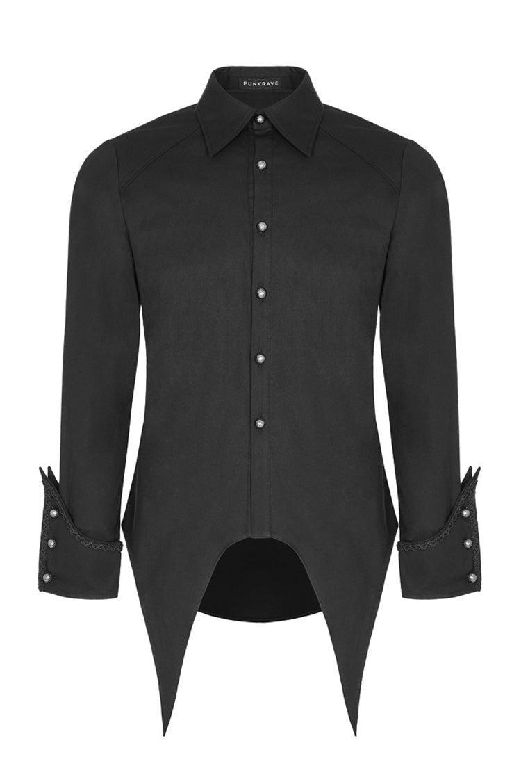Jet-Black Gothic Shirt with Metal Buckle Trim and Sharp Hem for Men