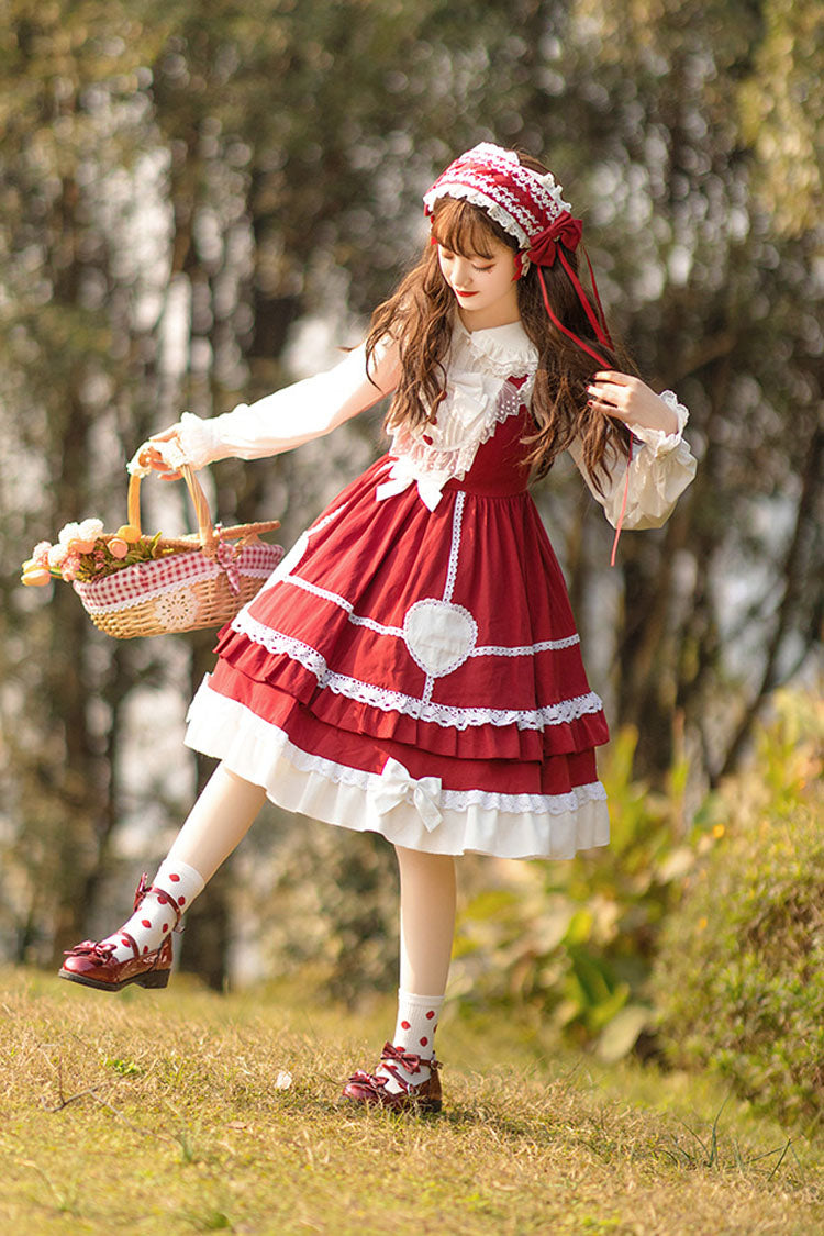 Wine Red Sweet Lolita JSK Dress with Lace and High Waist Bowknot - Altfashion Shop