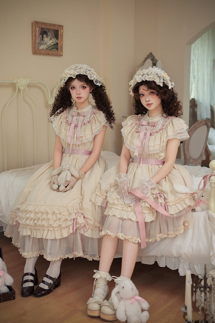 Apricot Sweet Lolita Dress with Stand Collar Short Sleeves Loose Doll-Like Ruffled Bow Lace