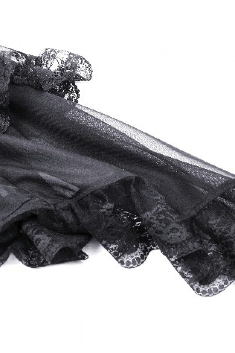 Elegant Gothic Off-Shoulder Tulle Gown with Lace Trim and Flared Sleeves