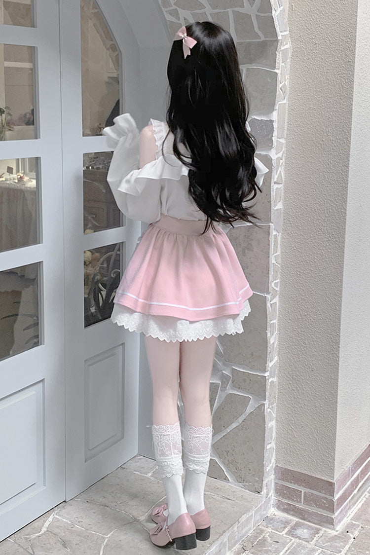 Pale Pink & White Off-Shoulder Long-Sleeve Ruffled Bow Lace Jirai Kei Skirt