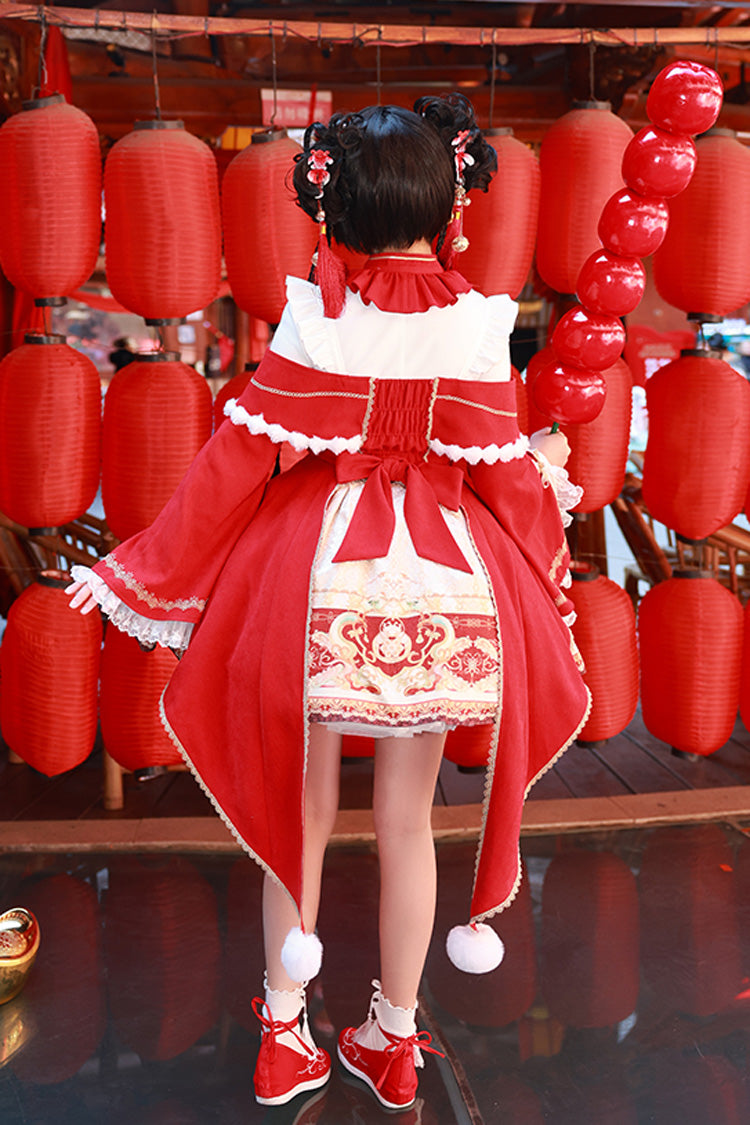 New Year Red Print Ruffle Bowknot Lace-Up Sweet Chinese Style JSK Dress
