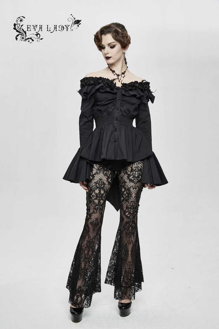 Ink Rose Flower-Decorated One-Word Collar Long-Sleeve Flare Cuff Gothic Blouse for Women