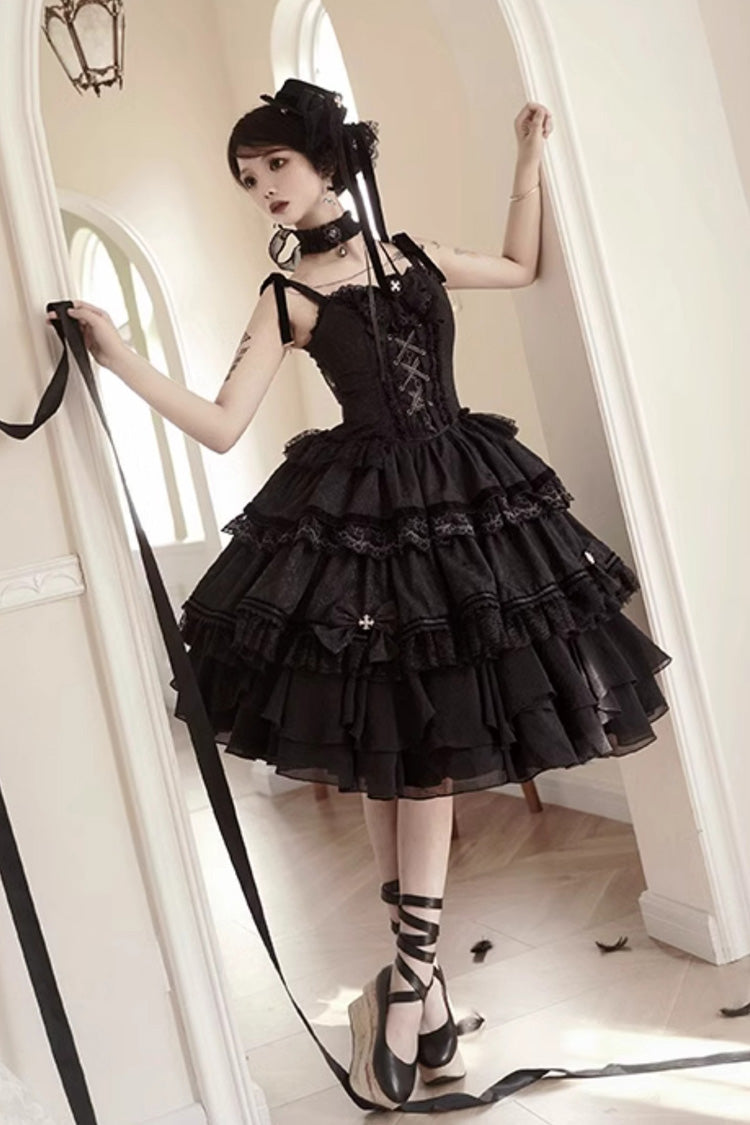 Black Gothic Ballet Lolita JSK Double Layered Lace Ruffled