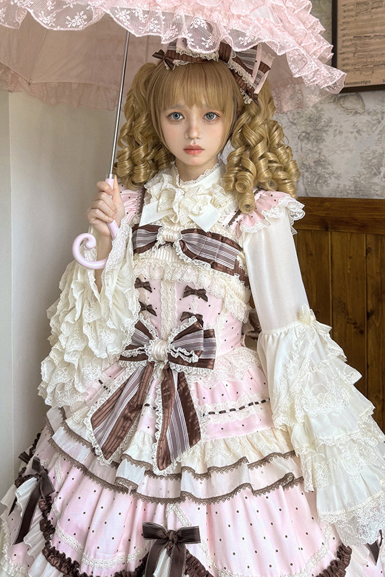 Sleeveless Print Ruffle Bow Lace-Up Sweet Elegant Lolita Jumper Dress - Pink